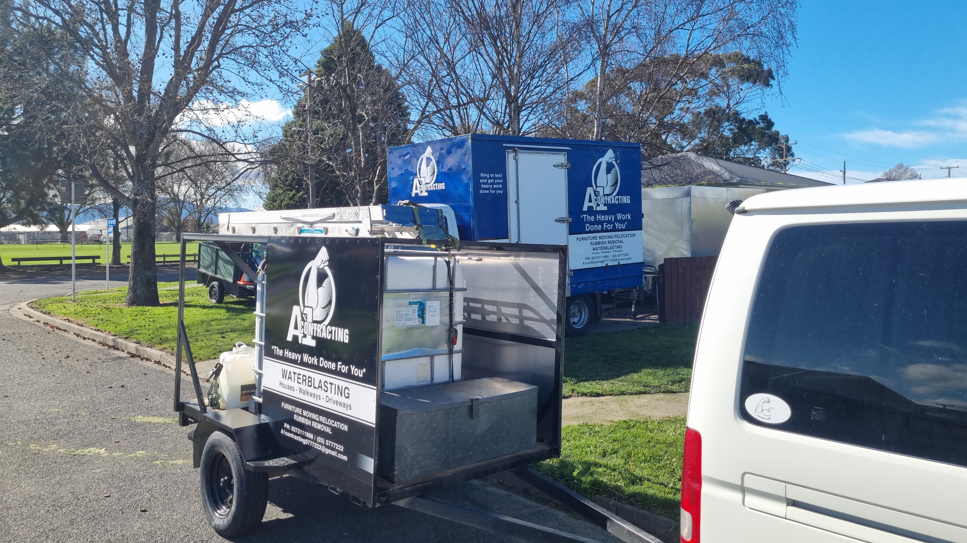 Full A1 Contracting fleet in Blenheim Marlborough — moving trucks and trailer